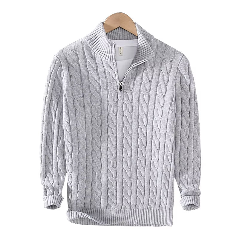 Pure Cotton Sweater Men'S Clothing Warm Knit Half High Collar Zip Pullover Jumper Top Solid Color Male Clothes 8509