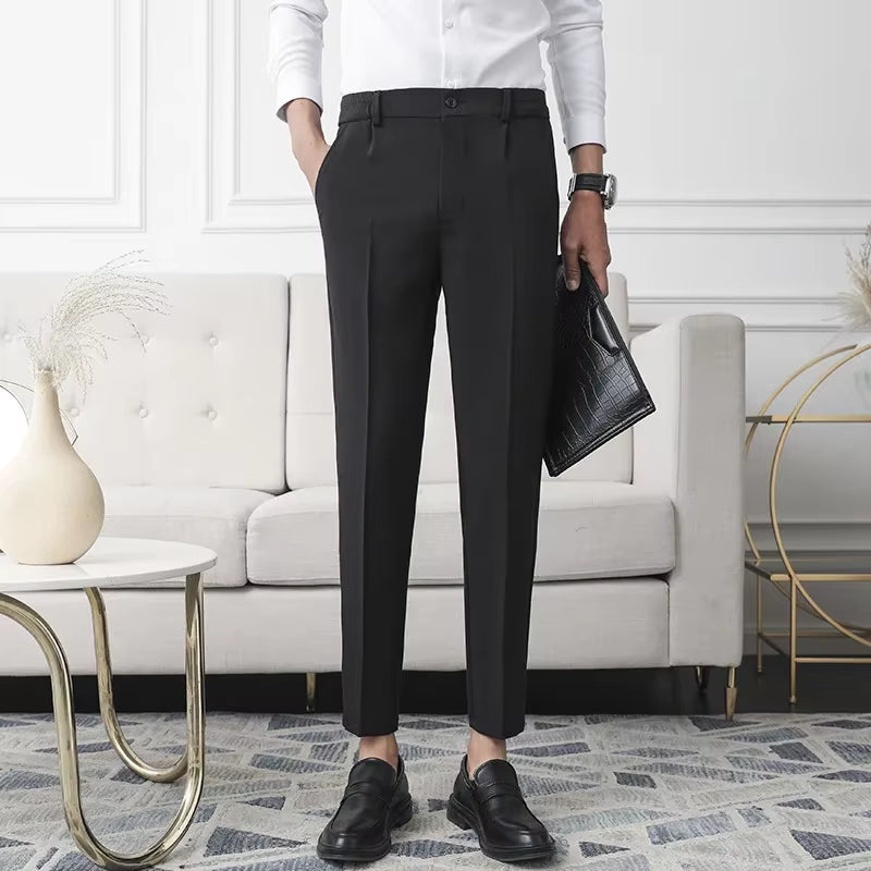 Slim Straight Non-Iron Dress Pants Men Business Casual Little Feet Suit Pants Classic Black Apricot Dark Gray Male Trousers