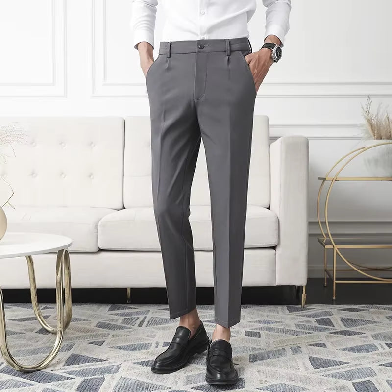 Slim Straight Non-Iron Dress Pants Men Business Casual Little Feet Suit Pants Classic Black Apricot Dark Gray Male Trousers