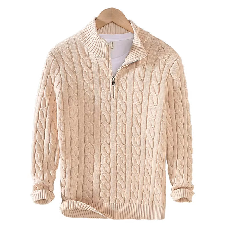 Pure Cotton Sweater Men'S Clothing Warm Knit Half High Collar Zip Pullover Jumper Top Solid Color Male Clothes 8509