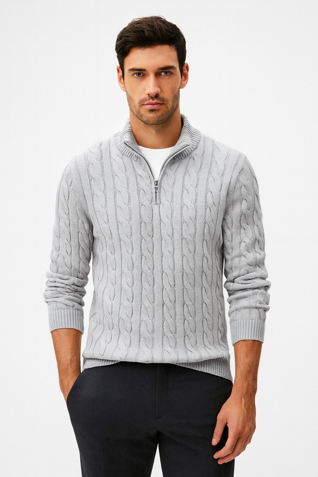 TAEBAEK ZIPPED CABLE SWEATER