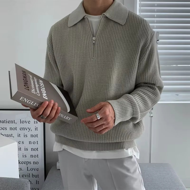 Korean Quality Youth POLO Collar Sweater Men Winter Thickened Loose Half Zipper Sweater Autumn and Winter Japanese Vintage Brand