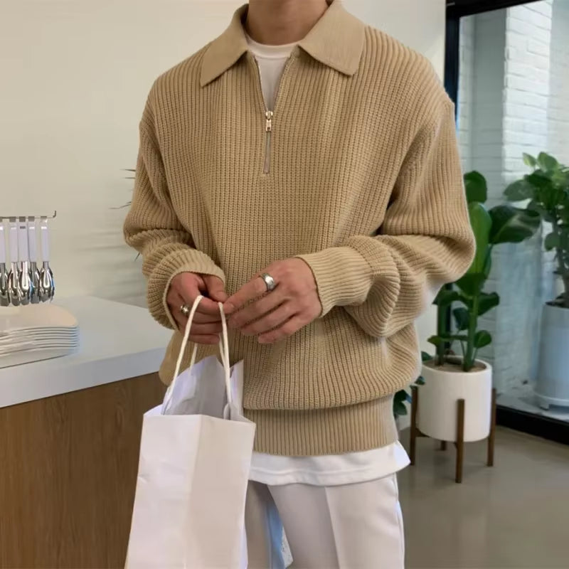 Korean Quality Youth POLO Collar Sweater Men Winter Thickened Loose Half Zipper Sweater Autumn and Winter Japanese Vintage Brand